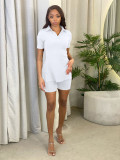 Solid Color Short-sleeved Ribbed Side Slit Buttons V-neck Casual Two-piece Suit