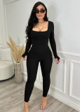 Solid Color Square Collar Back Deep V Long Sleeve Yoga Fitness Jumpsuit