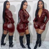 Solid Color Wrinkled High Elastic PU Leather Jumpsuit