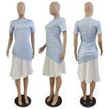 Striped Print Panel Short Sleeve Dress