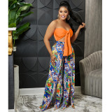 Fashion Bandeau Backless Printed Slit Pants Two-piece Set