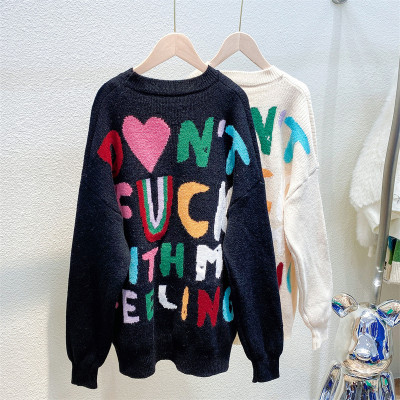 Colorful Letter Jacquard Loose All-match Warm Knitted Top