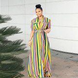 Fashion And Casual Color Stripe Printed Shirt Dress