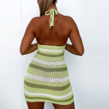 Sexy Striped High Elastic Halter Neck Strapless Backless Dress