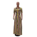 Fashion And Casual Color Stripe Printed Shirt Dress