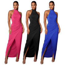 Solid Color Halter Neck Pleated Dress