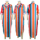 Multicolor Print Striped Button Pocket Dress