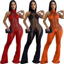 Sexy Mesh Yarn Stitching Halterneck Women's Jumpsuit