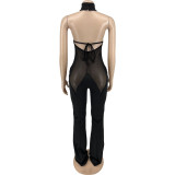 Sexy Mesh Yarn Stitching Halterneck Women's Jumpsuit