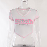 Color-block Letter Print Cropped Navel All-match T-shirt