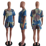 Trendy Tie-dye Letter Print Ripped Short-sleeved Two-piece Suit
