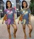 Trendy Tie-dye Letter Print Ripped Short-sleeved Two-piece Suit
