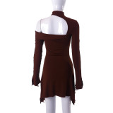 Solid Color Hollow Hanging Neck Long Sleeves Slim Dress With Wooden Ears