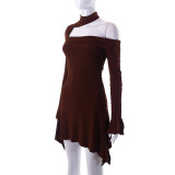 Solid Color Hollow Hanging Neck Long Sleeves Slim Dress With Wooden Ears