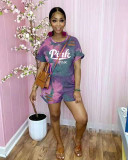 Trendy Tie-dye Letter Print Ripped Short-sleeved Two-piece Suit