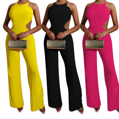 Sexy Solid Color Open Back Tie Wide Leg Jumpsuit