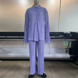 Pleated Shirt Cardigan Slit Trousers Pajamas Two-piece Set