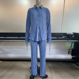 Pleated Shirt Cardigan Slit Trousers Pajamas Two-piece Set