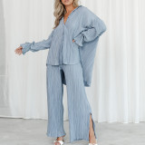 Pleated Shirt Cardigan Slit Trousers Pajamas Two-piece Set