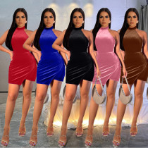 Sexy Fashion Halter Neck Velvet Solid Color Dress