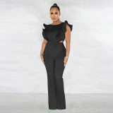New Style Ruffled Round Neck Solid Color European And American Fashion Jumpsuit