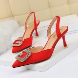 European And American Style High-heel Shallow Mouth Pointed Toe Suede Sandals With Metal Rhinestone Buckle