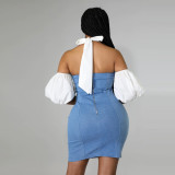 Halter-neck Paneled Denim Off-the-shoulder Dress