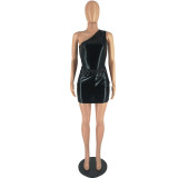 Glossy Single Shoulder Sexy Sleeveless Bodysuit Short Dress Set