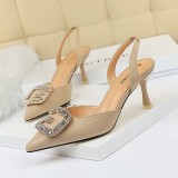 European And American Style High-heel Shallow Mouth Pointed Toe Suede Sandals With Metal Rhinestone Buckle