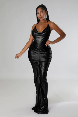 Solid Color Deep v Hanging Neck Pleated Sexy Hip Dress