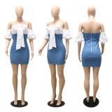 Halter-neck Paneled Denim Off-the-shoulder Dress