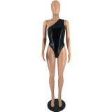 Glossy Single Shoulder Sexy Sleeveless Bodysuit Short Dress Set