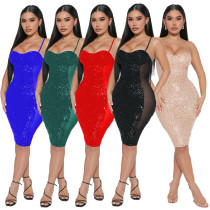 Fashion Sling Nightclub Sexy See-through Tube Top Sequin Dress