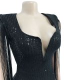 Fashion Sequined Tassel Sleeveless V-Neck Backless Dress