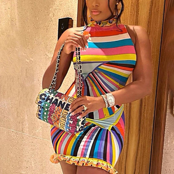Trendy Sleeveless Lace Rainbow Print Slim Dress