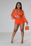 Solid Color Mesh Top Shorts Elegant Two-piece Suit