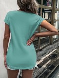 Solid Color Round Neck Half Zipper Stitching Lace Short-sleeved Top