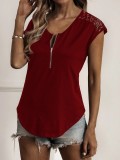 Solid Color Round Neck Half Zipper Stitching Lace Short-sleeved Top