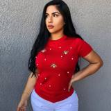 New Beaded Butterfly Round Neck Plus Size T-Shirt Solid Color Fashion Short Sleeves