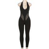 Sexy Low-neck Halter Neck Hollow See-through High-waisted Tights Jumpsuit