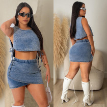 Sexy Denim Vest Short Skirt Elastic Two-Piece Set
