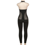 Sexy Low-neck Halter Neck Hollow See-through High-waisted Tights Jumpsuit
