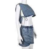 Sexy Denim Vest Short Skirt Elastic Two-Piece Set