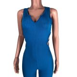 Sexy Backless V-neck Button Sleeveless Solid Color Pit Strip Casual Jumpsuit