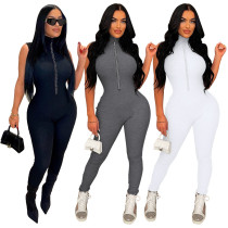 Women's Fashion Solid Color Brick Stone Zipper Jumpsuit