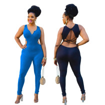 Sexy Backless V-neck Button Sleeveless Solid Color Pit Strip Casual Jumpsuit