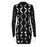 Fashion Hollow Long Sleeve Round Neck Package Hip Dress