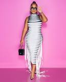 High Neck Ribbed Print Webbing Sleeveless Dress