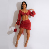 Wrapped Chest Top Drawstring Wood Ear Skirt Two-piece Set