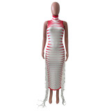 High Neck Ribbed Print Webbing Sleeveless Dress